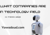 What Companies are in the technology field standing a robot in front of it.